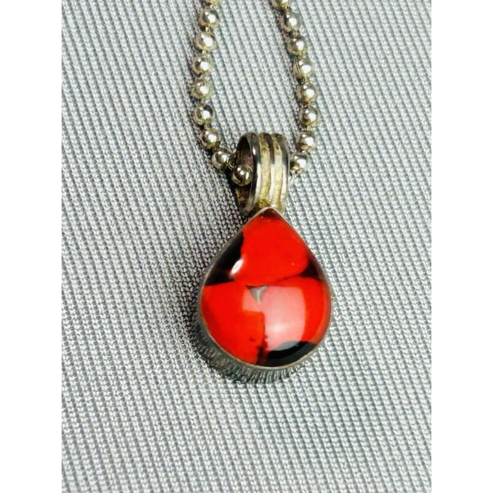 Red Teardrop Pendant on Chain .950 Necklace Metal Jewelry
